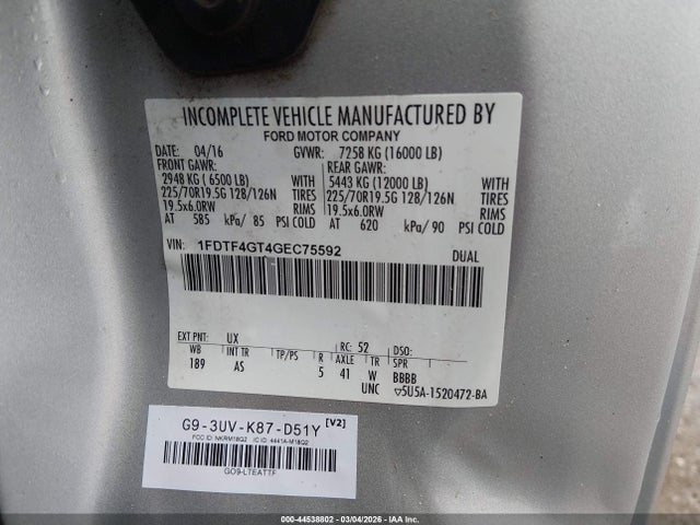2016 Ford F-450 Chassis Xl მანქანა იყიდება აუქციონზე, vin: 1FDTF4GT4GEC75592, აუქციონის ნომერი: 44538802
