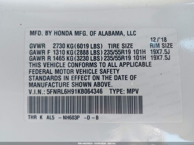 Honda Odyssey Elite 2019 5FNRL6H91KB064346 Image 9