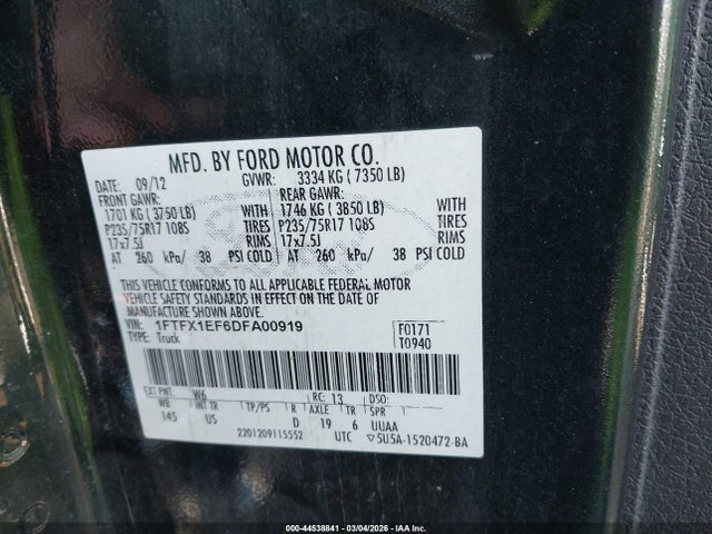 2013 Ford F-150 Xlt მანქანა იყიდება აუქციონზე, vin: 1FTFX1EF6DFA00919, აუქციონის ნომერი: 44538841