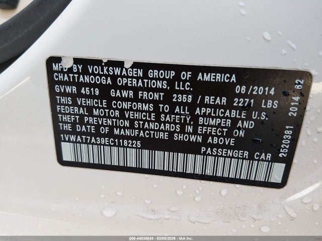 44538848 :رقم المزاد ، 1VWAT7A39EC118225 vin ، 2014 Volkswagen Passat 1.8t Wolfsburg Edition مزاد بيع