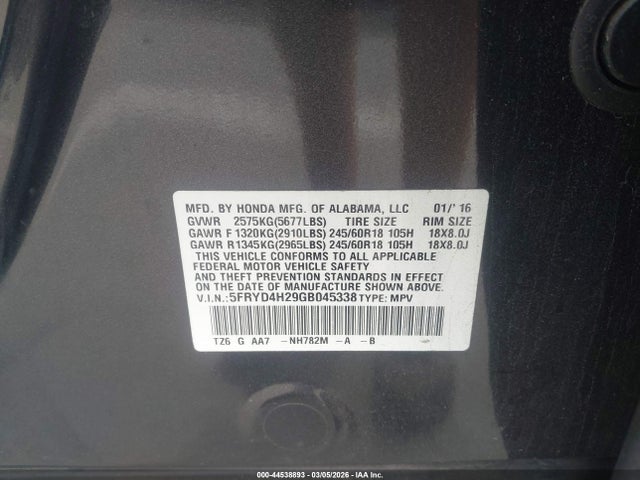 44538893 :رقم المزاد ، 5FRYD4H29GB045338 vin ، 2016 Acura Mdx Acurawatch Plus Package مزاد بيع