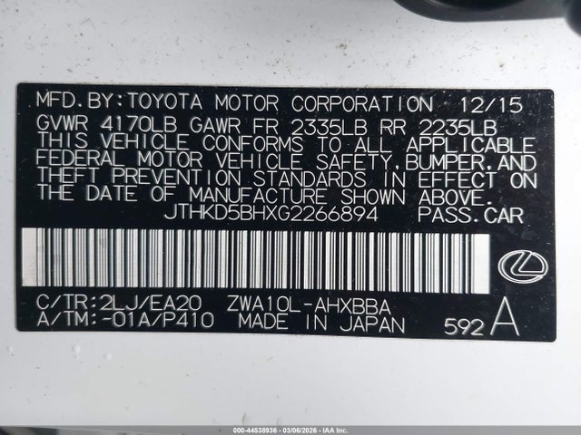 2016 Lexus Ct 200h მანქანა იყიდება აუქციონზე, vin: JTHKD5BHXG2266894, აუქციონის ნომერი: 44538936