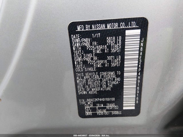JN8AE2KP4H9169168 Nissan Quest Sv