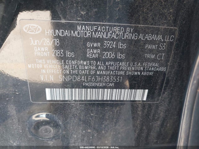5NPD84LF6JH383531 Hyundai ELANTRA SEL
