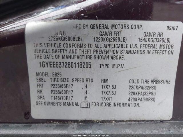 44538992 :رقم المزاد ، 1GYEE637280118205 vin ، 2008 Cadillac Srx V6 مزاد بيع