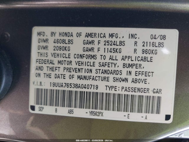 Продаж на аукціоні авто 2008 Acura Tl Type S, vin: 19UUA76538A040719, номер лоту: 44539011