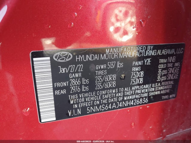 44539025 :رقم المزاد ، 5NMS64AJ4NH426836 vin ، 2022 Hyundai Santa Fe Xrt مزاد بيع