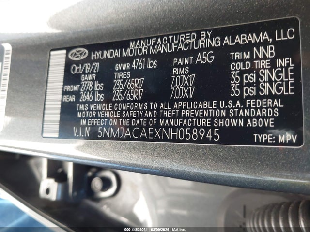 2022 Hyundai Tucson Se მანქანა იყიდება აუქციონზე, vin: 5NMJACAEXNH058945, აუქციონის ნომერი: 44539031