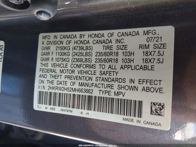 Продаж на аукціоні авто 2021 Honda Cr-v Awd Ex, vin: 2HKRW2H52MH663662, номер лоту: 44539043