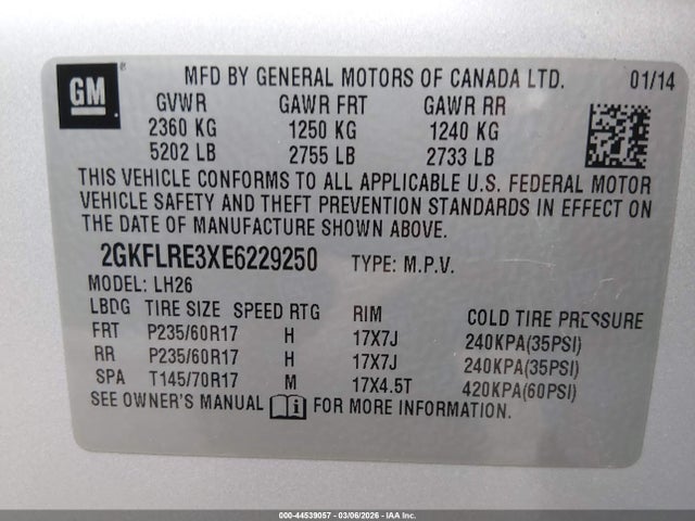 44539057 :رقم المزاد ، 2GKFLRE3XE6229250 vin ، 2014 Gmc Terrain Sle-2 مزاد بيع