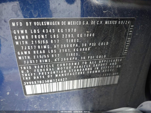 Aukcja sprzedaży 2024 Volkswagen Taos 1.5t S, vin: 3VV5X7B21RM124427, numer aukcji: 44539063