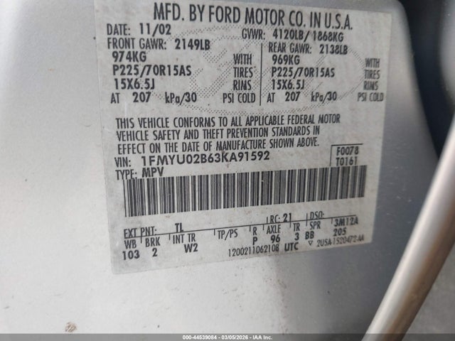 Продажа на аукционе авто 2003 Ford Escape Xls, vin: 1FMYU02B63KA91592, номер лота: 44539084