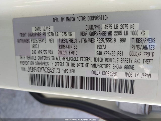 Aukcja sprzedaży 2019 Mazda Cx-5 Grand Touring, vin: JM3KFADM7K0546170, numer aukcji: 44539091
