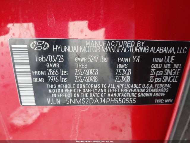 Продаж на аукціоні авто 2023 Hyundai Santa Fe Sel, vin: 5NMS2DAJ4PH550555, номер лоту: 44539096