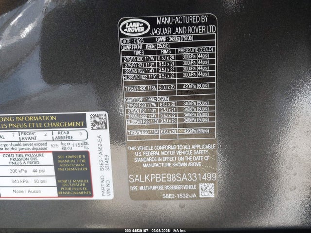 SALKPBE98SA331499 Land Rover Range Rover P530 Se 7 Seat