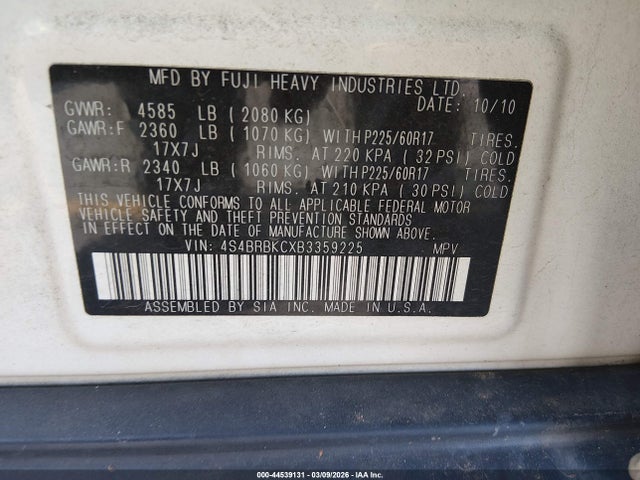 Продаж на аукціоні авто 2011 Subaru Outback 2.5i Limited, vin: 4S4BRBKCXB3359225, номер лоту: 44539131