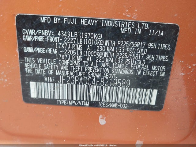 JF2GPADC4F8219589 Subaru Xv Crosstrek 2.0i Premium