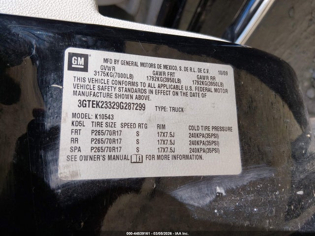2009 Gmc Sierra 1500 Sle მანქანა იყიდება აუქციონზე, vin: 3GTEK23329G287299, აუქციონის ნომერი: 44539161
