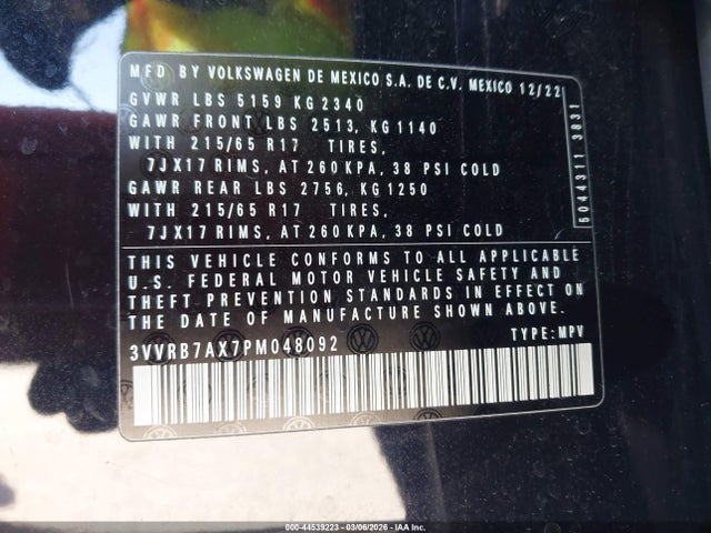 Продаж на аукціоні авто 2023 Volkswagen Tiguan 2.0t S, vin: 3VVRB7AX7PM048092, номер лоту: 44539223