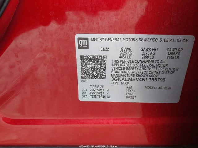 Aukcja sprzedaży 2022 Gmc Terrain Fwd Sle, vin: 3GKALMEV4NL165796, numer aukcji: 44539248