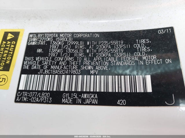 44539256 :رقم المزاد ، JTJBC1BA5B2419803 vin ، 2011 Lexus Rx 450h مزاد بيع
