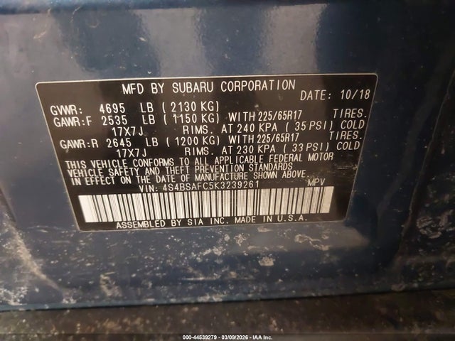 44539279 :رقم المزاد ، 4S4BSAFC5K3239261 vin ، 2019 Subaru Outback 2.5i Premium مزاد بيع
