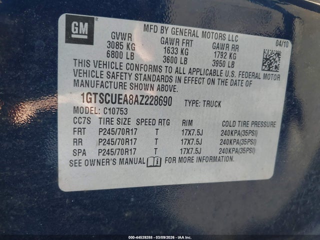 2010 Gmc Sierra 1500 Sl მანქანა იყიდება აუქციონზე, vin: 1GTSCUEA8AZ228690, აუქციონის ნომერი: 44539288