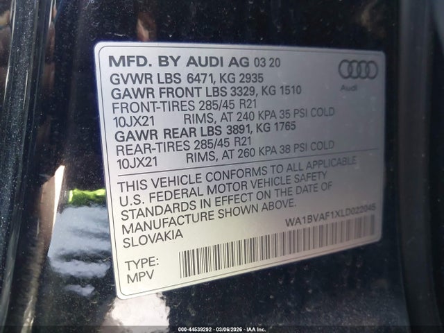 2020 Audi Q8 Premium Plus 55 Tfsi Quattro Tiptronic მანქანა იყიდება აუქციონზე, vin: WA1BVAF1XLD022045, აუქციონის ნომერი: 44539292