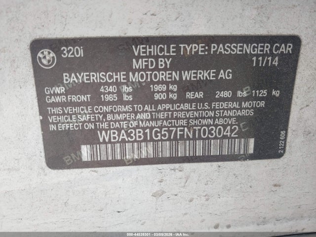 44539301 :رقم المزاد ، WBA3B1G57FNT03042 vin ، 2015 Bmw 320i مزاد بيع