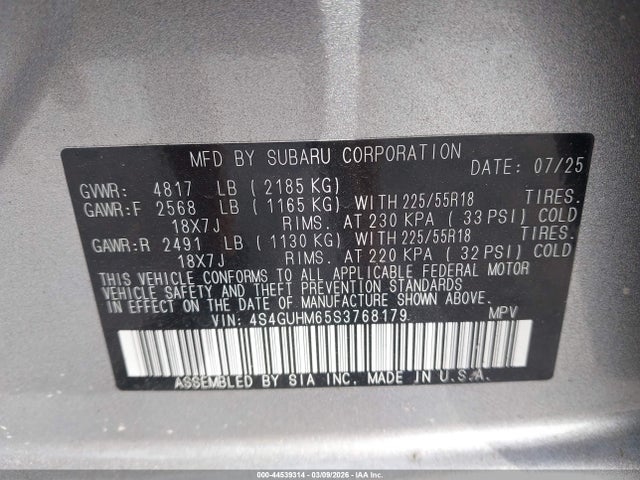 Aukcja sprzedaży 2025 Subaru Crosstrek Limited, vin: 4S4GUHM65S3768179, numer aukcji: 44539314