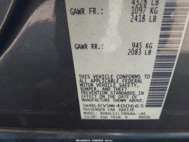 1N4BL4CV5MN400665 Nissan Altima Sr Fwd