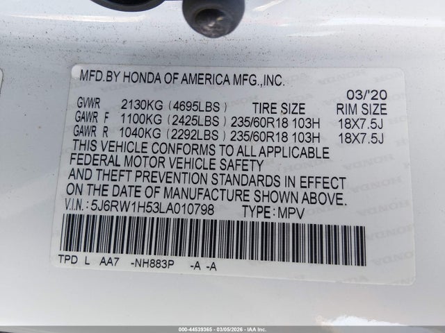 2020 Honda Cr-v 2wd Ex მანქანა იყიდება აუქციონზე, vin: 5J6RW1H53LA010798, აუქციონის ნომერი: 44539365