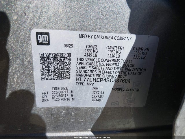 Продажа на аукционе авто 2025 Chevrolet Trax Fwd Lt, vin: KL77LHEP4SC337604, номер лота: 44539386