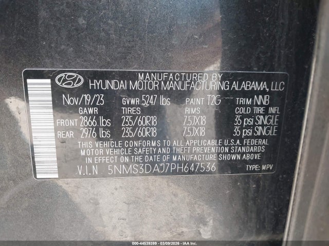 2023 Hyundai Santa Fe Sel მანქანა იყიდება აუქციონზე, vin: 5NMS3DAJ7PH647536, აუქციონის ნომერი: 44539399