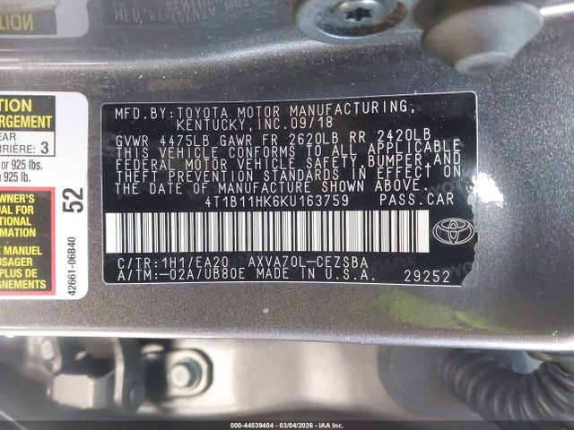 Toyota CAMRY SE 2019 4T1B11HK6KU163759 Image 9