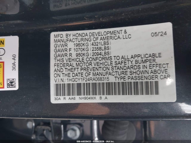 2024 Honda Accord Lx მანქანა იყიდება აუქციონზე, vin: 1HGCY1F24RA068315, აუქციონის ნომერი: 44539433