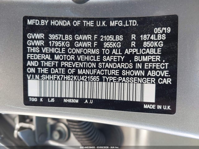 SHHFK7H62KU421565 Honda CIVIC EX