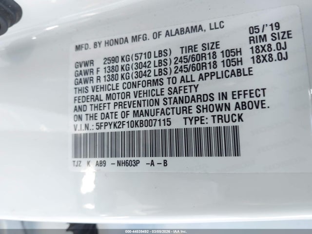 Honda Ridgeline Sport 2019 5FPYK2F10KB007115 Image 9