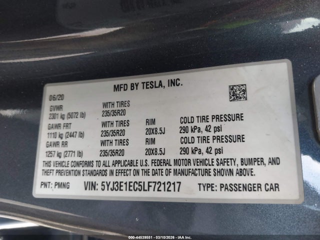 Aukcja sprzedaży 2020 Tesla Model 3 Performance Dual Motor All-wheel Drive, vin: 5YJ3E1EC5LF721217, numer aukcji: 44539551