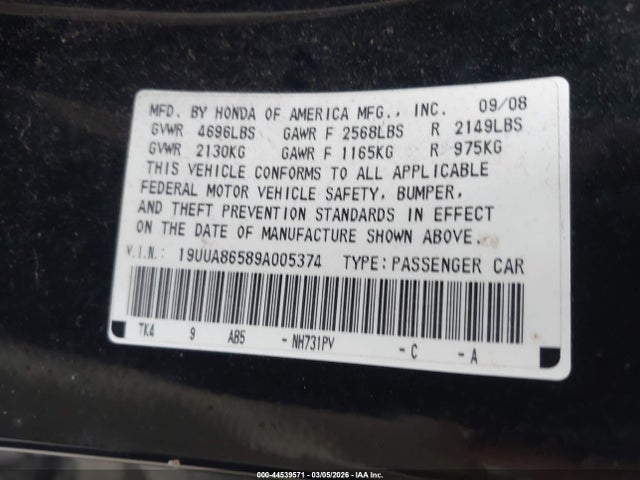 44539571 :رقم المزاد ، 19UUA86589A005374 vin ، 2009 Acura Tl 3.5 مزاد بيع