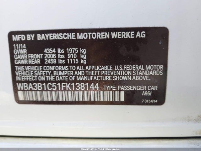 Aukcja sprzedaży 2015 Bmw 320i, vin: WBA3B1C51FK138144, numer aukcji: 44539633