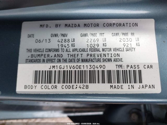 2014 Mazda Mazda6 I Touring მანქანა იყიდება აუქციონზე, vin: JM1GJ1V60E1130490, აუქციონის ნომერი: 44539652