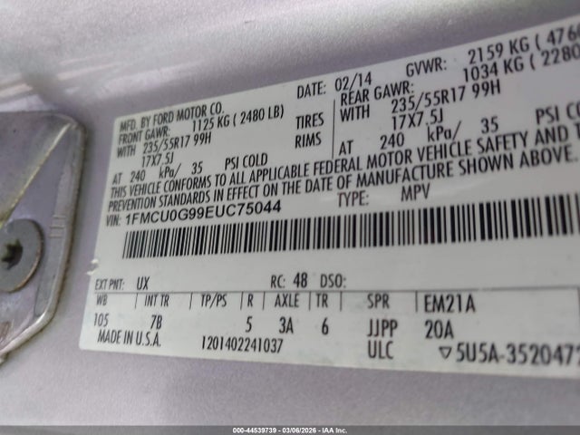 44539739 :رقم المزاد ، 1FMCU0G99EUC75044 vin ، 2014 Ford Escape Se مزاد بيع