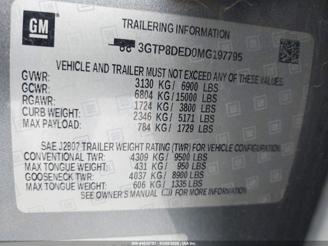 Продажа на аукционе авто 2021 Gmc Sierra 1500 2wd  Short Box Slt, vin: 3GTP8DED0MG197795, номер лота: 44539781