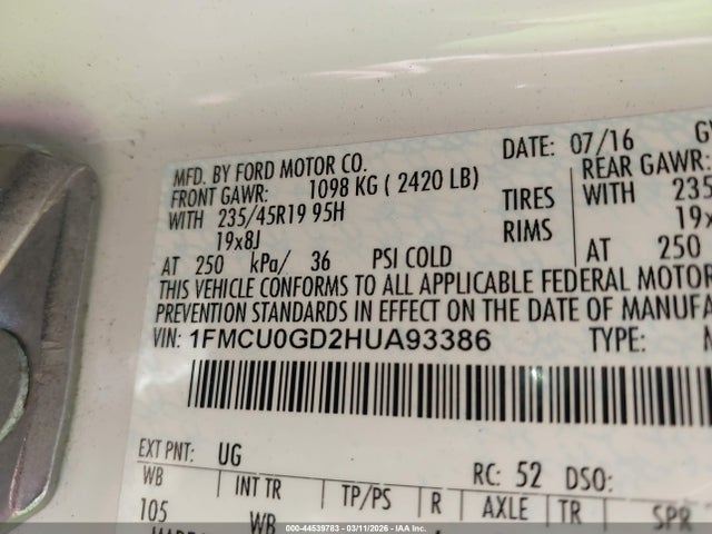 Ford ESCAPE SE 2017 1FMCU0GD2HUA93386 Image 9