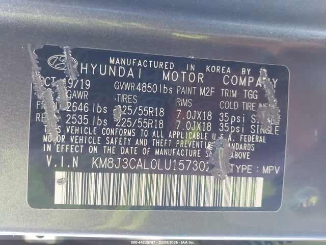 Aukcja sprzedaży 2020 Hyundai Tucson Sel, vin: KM8J3CAL0LU157302, numer aukcji: 44539787