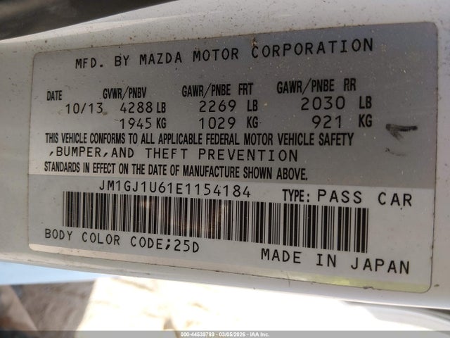 44539789 :رقم المزاد ، JM1GJ1U61E1154184 vin ، 2014 Mazda Mazda6 I Sport مزاد بيع
