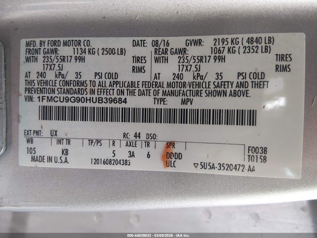 Aukcja sprzedaży 2017 Ford Escape Se, vin: 1FMCU9G90HUB39684, numer aukcji: 44539832