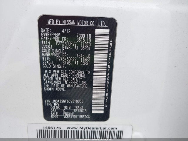 Aukcja sprzedaży 2012 Infiniti Qx56, vin: JN8AZ2NF6C9518055, numer aukcji: 44539840