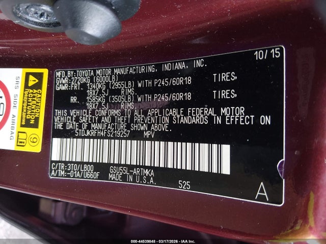 5TDJKRFH4FS219257 Toyota Highlander Xle V6